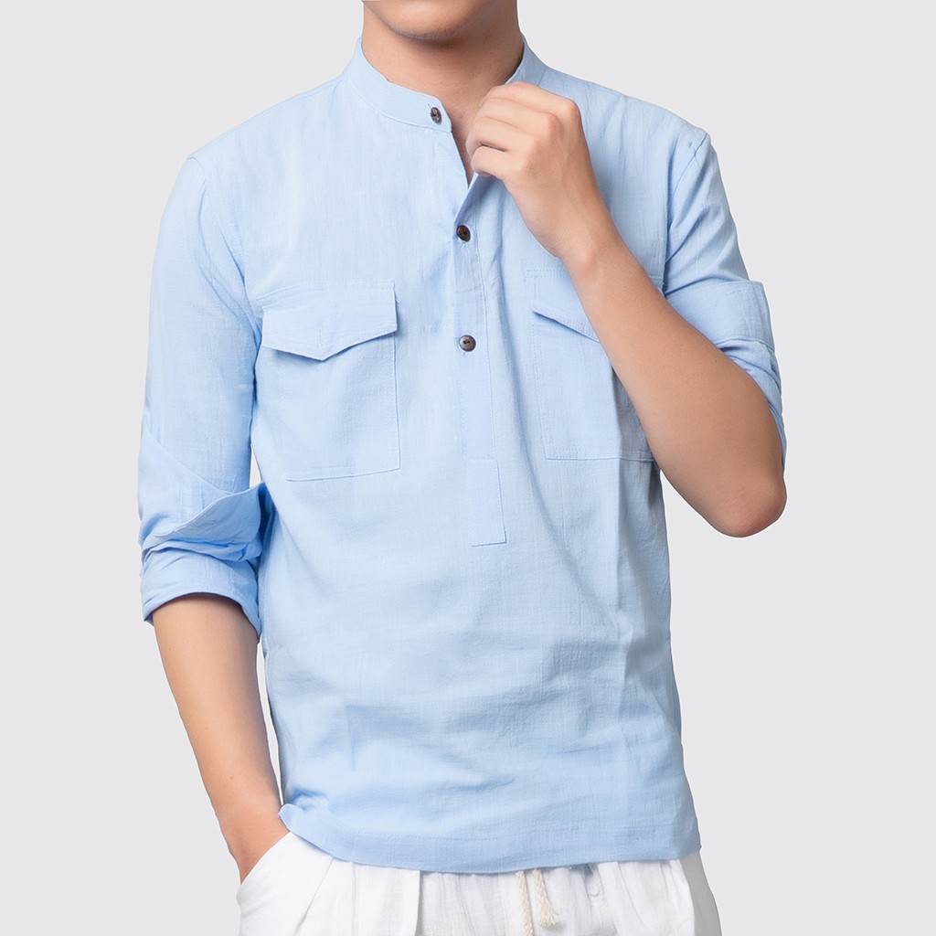 Áo sơ mi linen Nam Cổ Tàu dài tay 2 Túi Hộp Rough | BigBuy360 - bigbuy360.vn