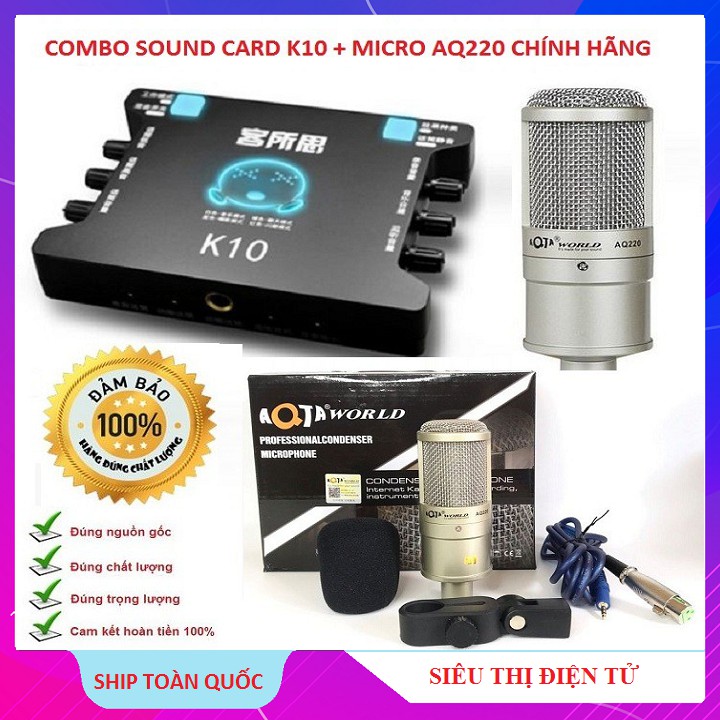 Bộ Sound Card K10, + Mic Thu Âm Livestream AQ220 Cam Kết Chính Hãng Hát Cực Hay