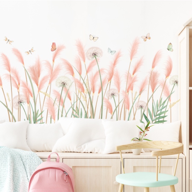 Decal trang trí tường - Chân tường cỏ bông lau hồng-K12