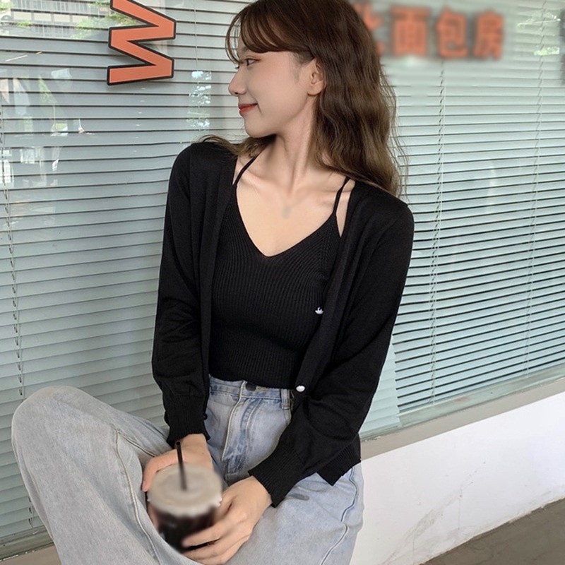 Set Áo Cardigan Dệt Kim Tay Dài + Áo Hai Dây Màu Sắc Đơn Giản Phong Cách Hàn Quốc Cho Nữ