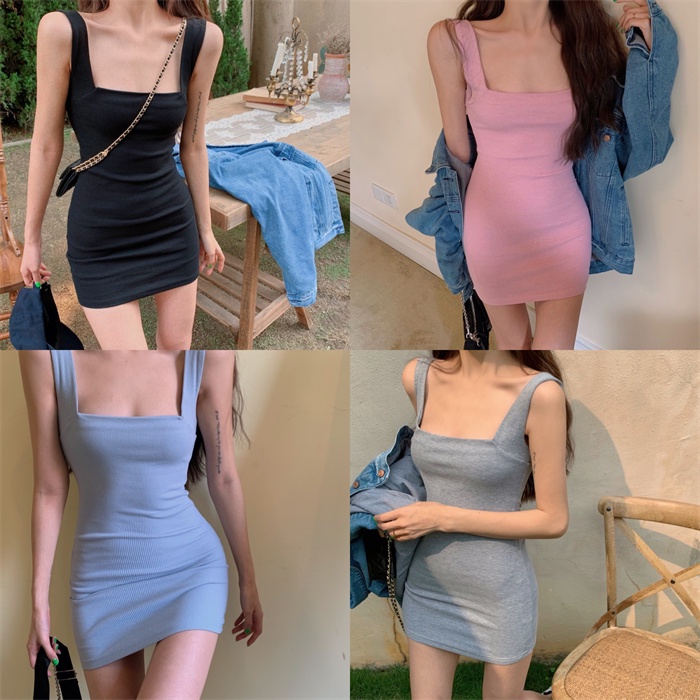 Đầm Sát Nách Cổ Vuông Màu Trơn Dáng Ôm Thời Trang Quyến Rũ Cho Nữ