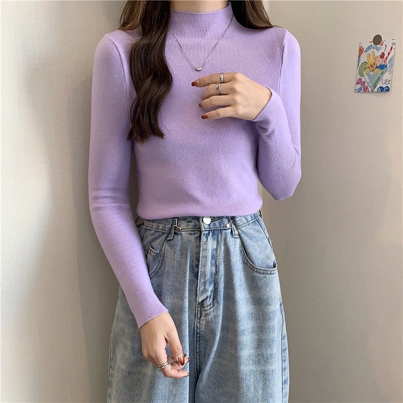 Áo Len Tay Dài Cổ Lọ Màu Trơn Đơn Giản Phong Cách Hàn Quốc