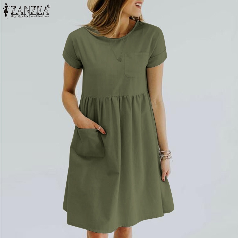 Đầm ZANZEA tay ngắn cổ tròn màu trơn dáng rộng thời trang cho nữ