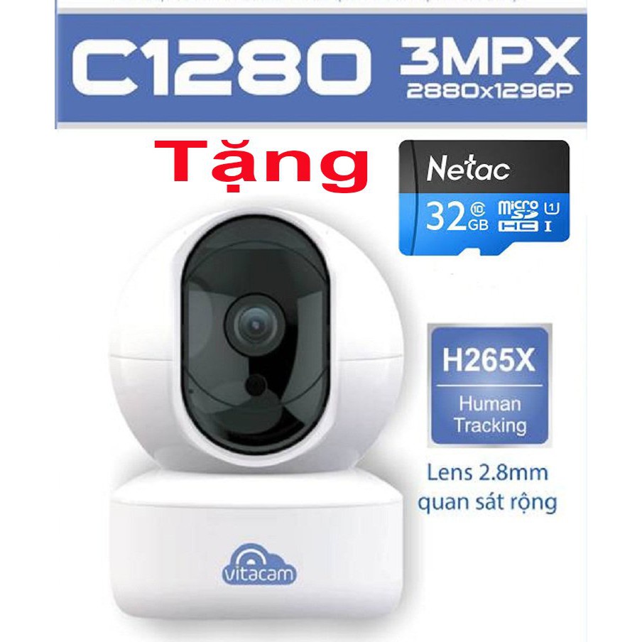 Camera Wifi đàm thoại IP Vitacam C1280 Pro 3MP, tặng kèm thẻ nhớ- Chip Hisilicon- Chính hãng