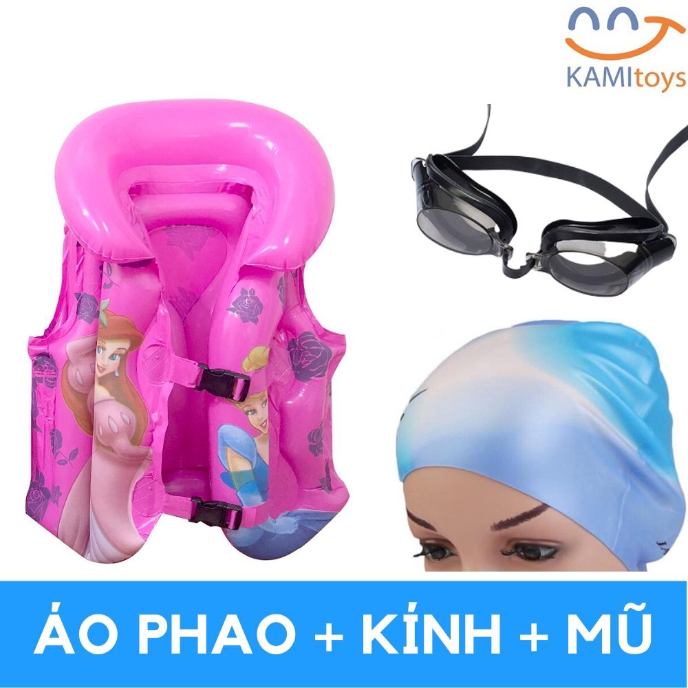 COMBO Bé tập bơi: Áo phao bơi Bé Gái +Mũ+Kính cho trẻ 3-6 tuổi