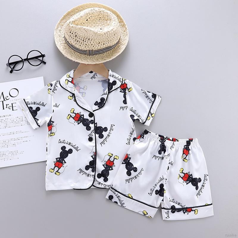 Bộ Đồ Ngủ Pijama Ngắn Tay In Hình Chuột Mickey Cho Bé