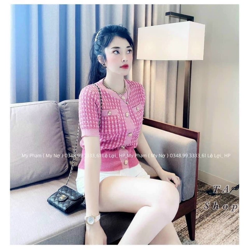 Áo len kẻ hồng khuy ngọc quảng châu siêu hót