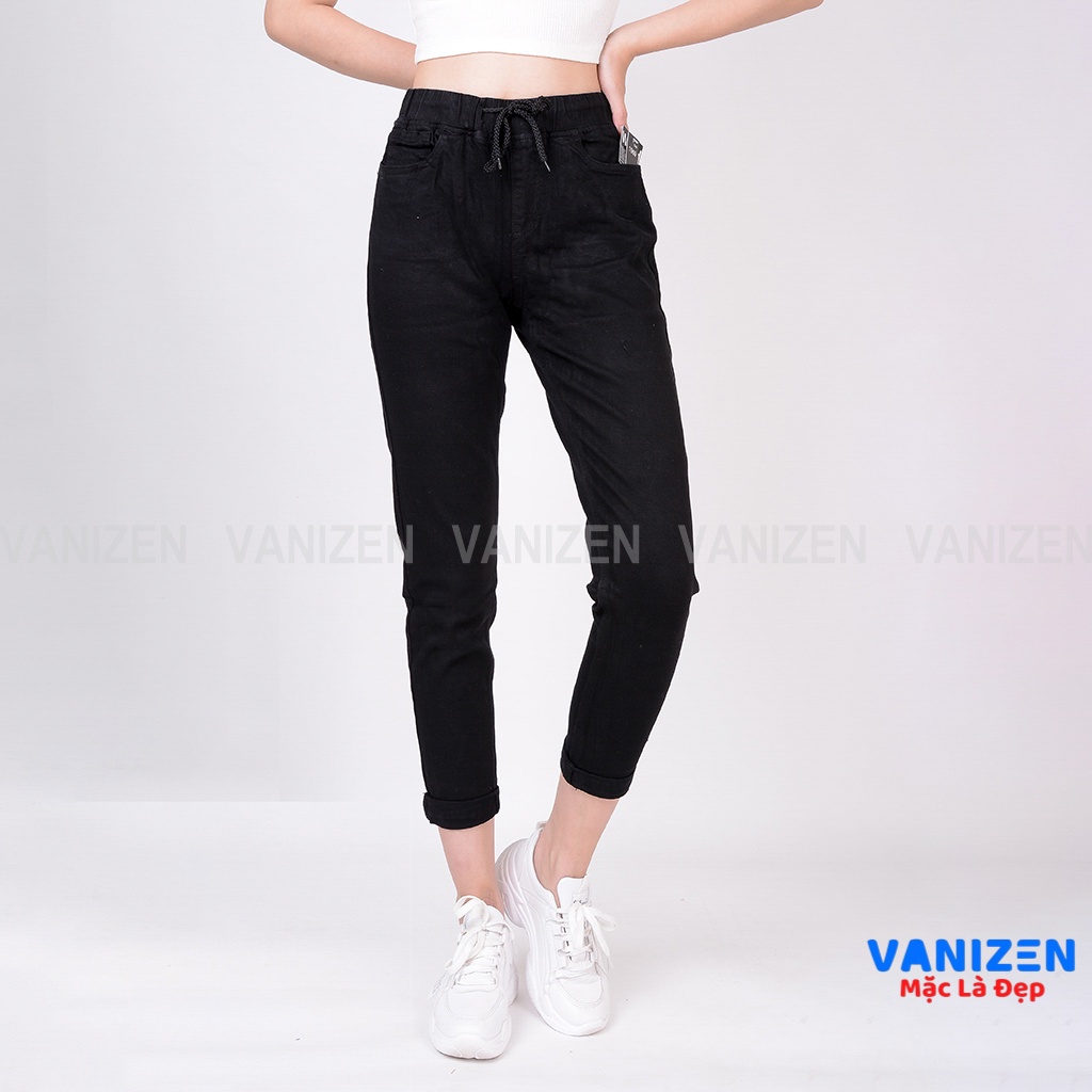 Quần jean nữ ống rộng baggy đẹp lưng cao cạp chun màu đen trắng trơn hàng hiệu cao cấp mã 339 VANIZEN