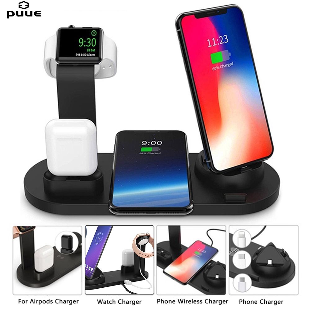 【Puue】đồng hồ táo/tai nghe ko dây táo IP3 in 1 Qi Wireless Fast Charging Dock Stand Station