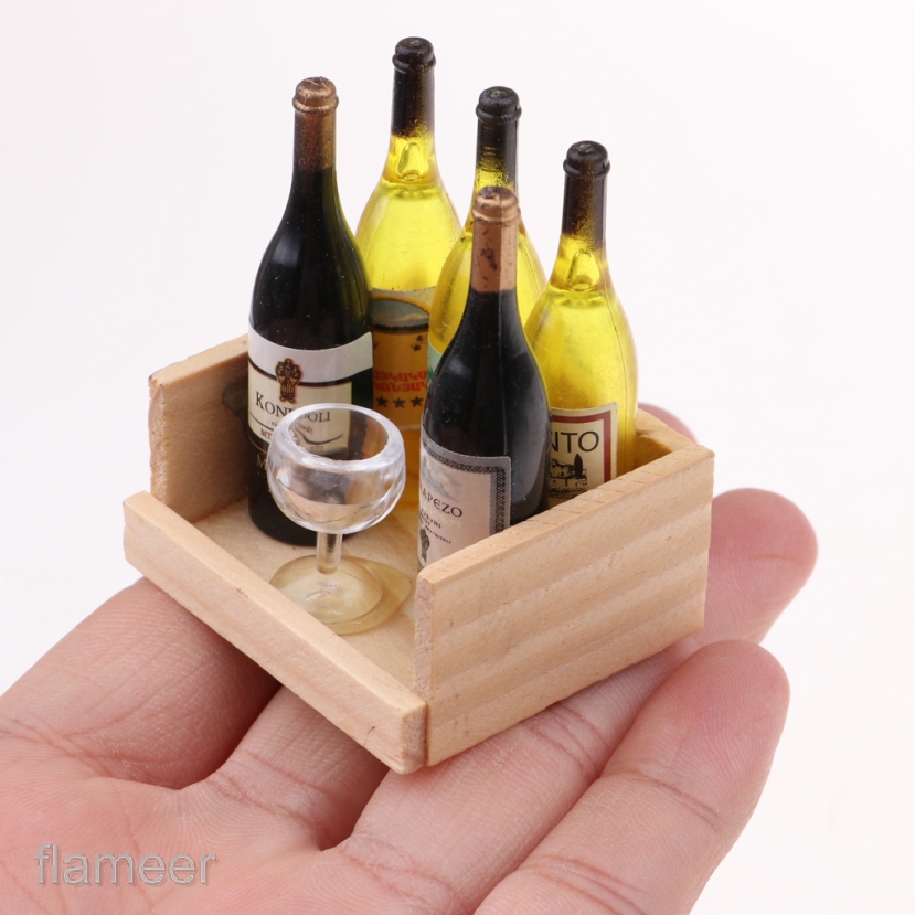 Bộ đồ chơi mô hình hộp gỗ từ tính cùng chai bia và rượu vang mini tỉ lệ 1/12 dùng để trang trí