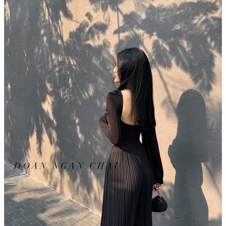 Set áo thun xoắn ngực tay loe + Quần suông dập ly