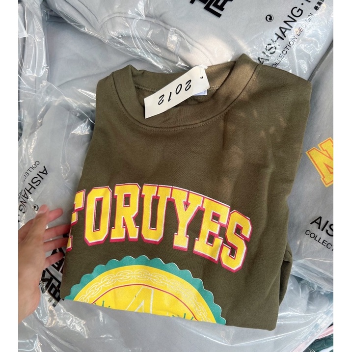 Áo Swearter FORUYES Tay Bồng  Nữ [FREESHIP] Nỉ form rộng oversize màu Xanh in hình cá tính Ulzzang