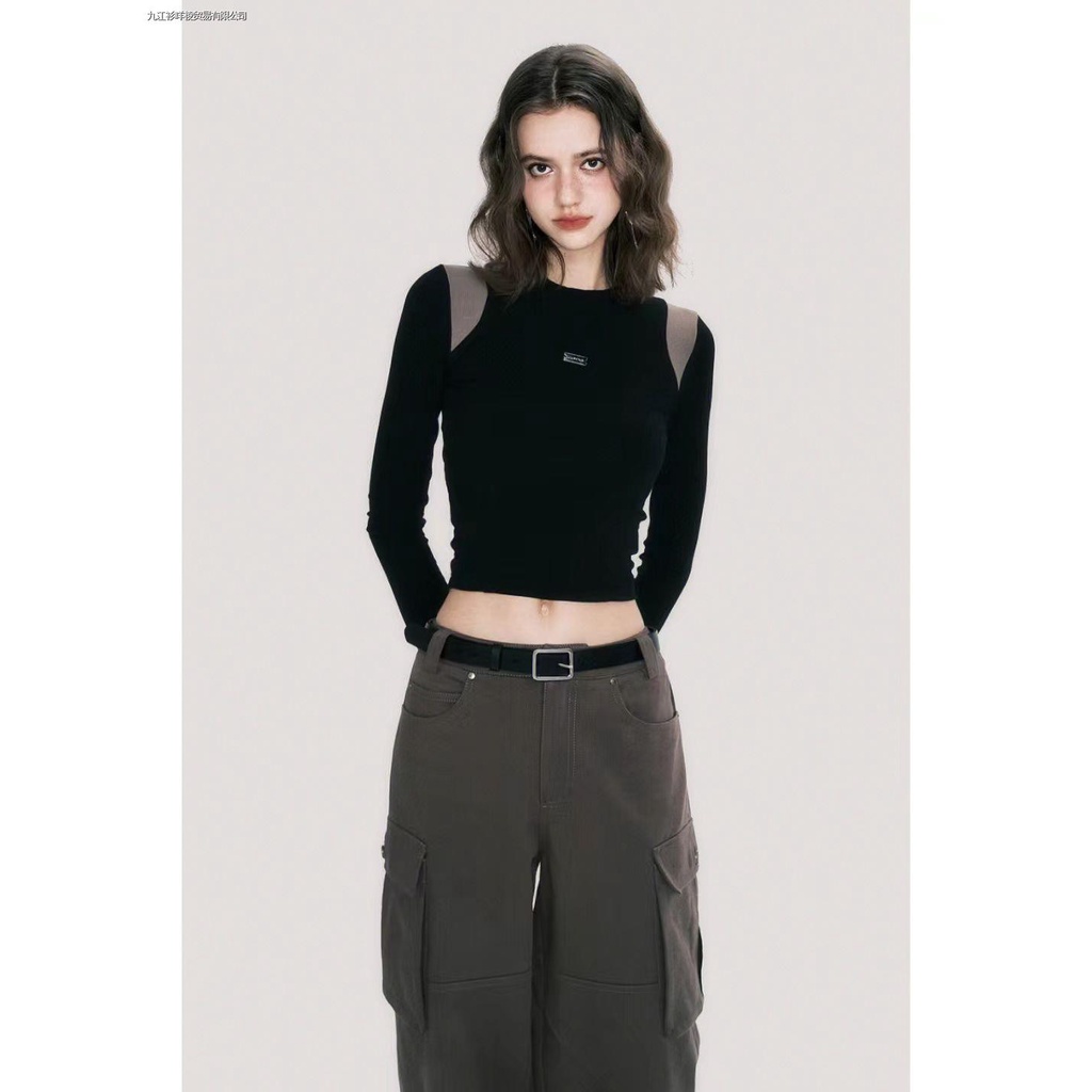 Áo Thun Thể Thao Dệt Kim Tay Dài Cổ Tròn Màu Sắc Tương Phản Phong Cách Retro Mỹ