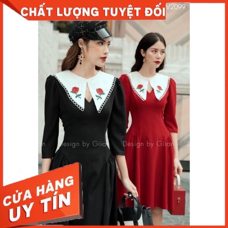 VÁY XÒE CỔ TRẮNG THÊU HOA HỒNG ĐỎ 2 MÀU