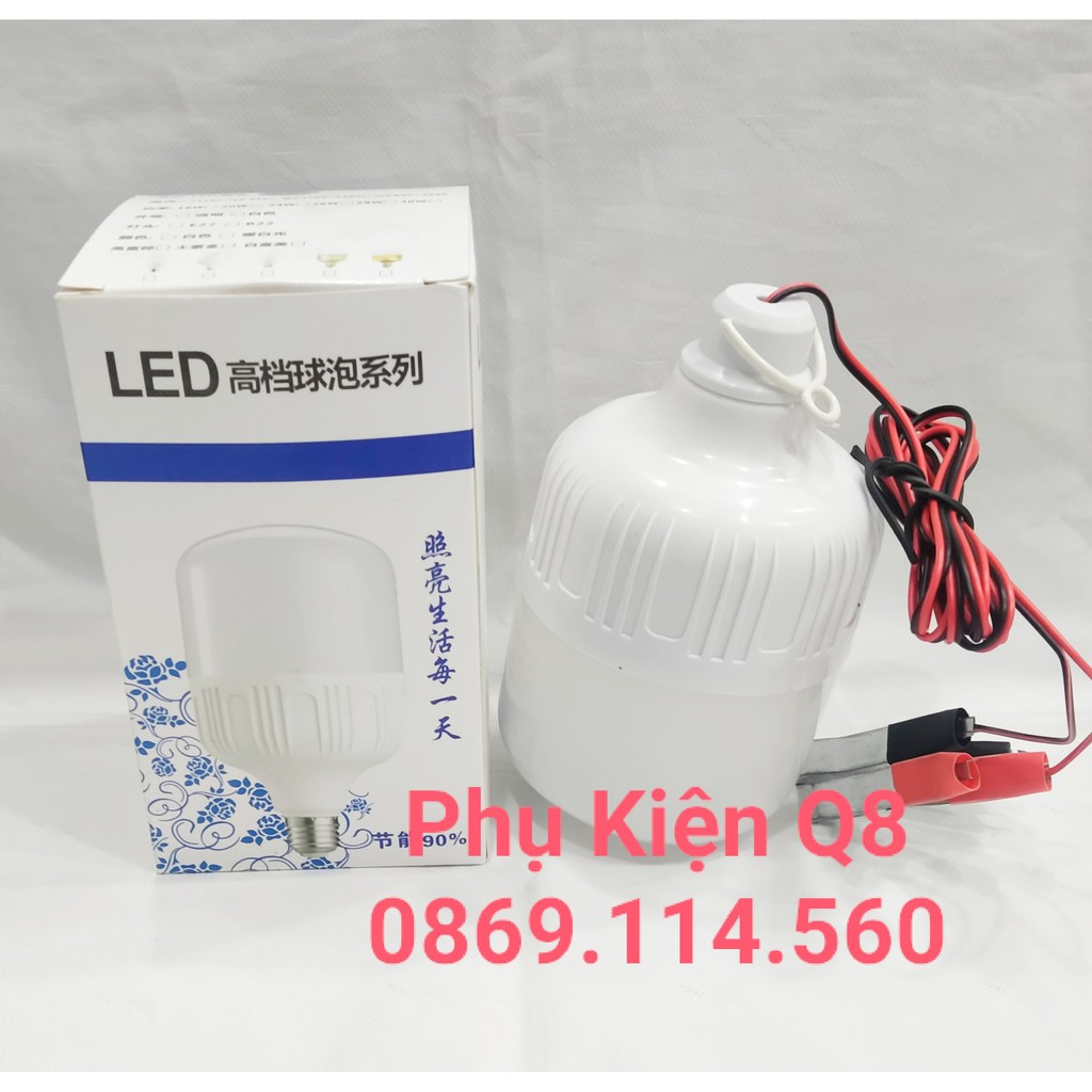Bóng đèn led bulb trụ 50W liền dây kẹp dài 1,8m, xài bình ắcquy 12V
