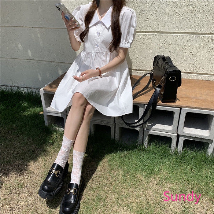 Đầm Tay Phồng Cổ Polo Thời Trang Mùa Hè Pháp Cho Nữ