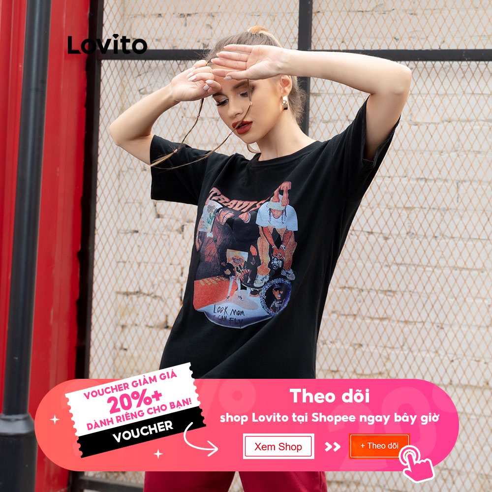 Áo thun Lovito in họa tiết phong cách vintage đơn giản L00241 (màu đen/ trắng) | BigBuy360 - bigbuy360.vn