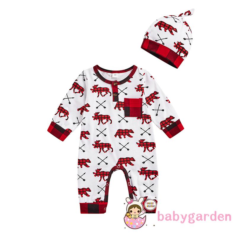 Bộ áo liền quần tay dài cổ tròn in họa tiết caro &amp; động vật kèm mũ đội đầu dễ thương cho bé sơ sinh