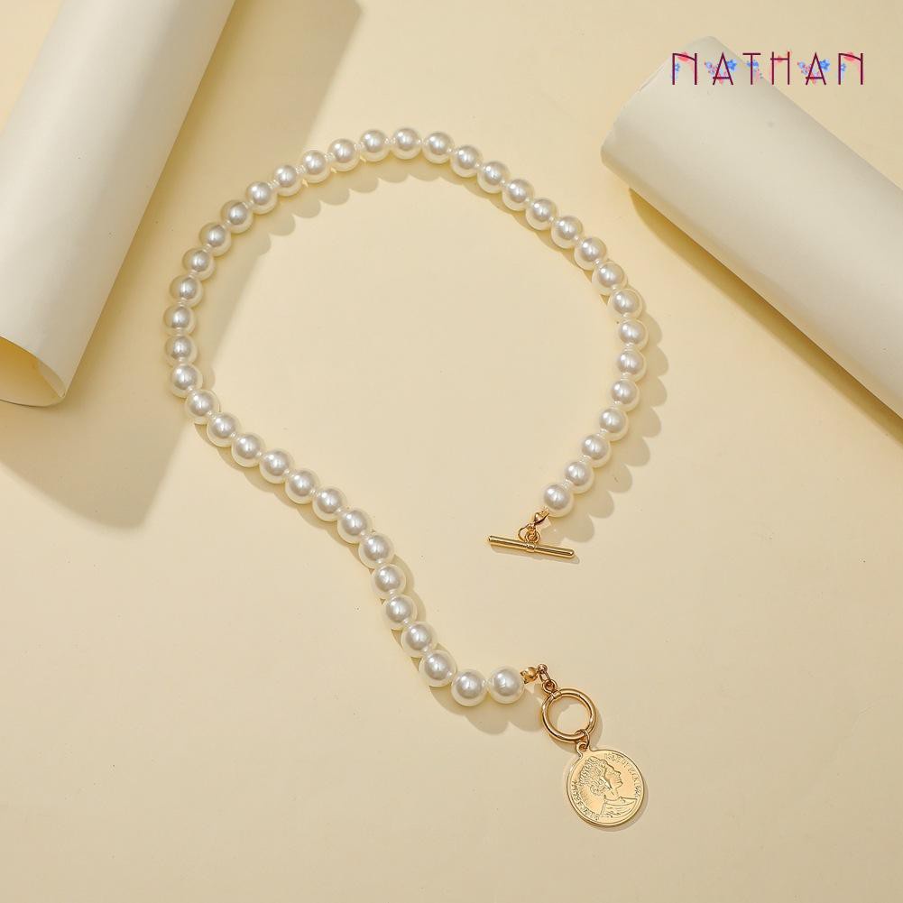 Nathan Elegant Chain Pearl Necklace Women Portrait Coin Pendants Choker Jewelry