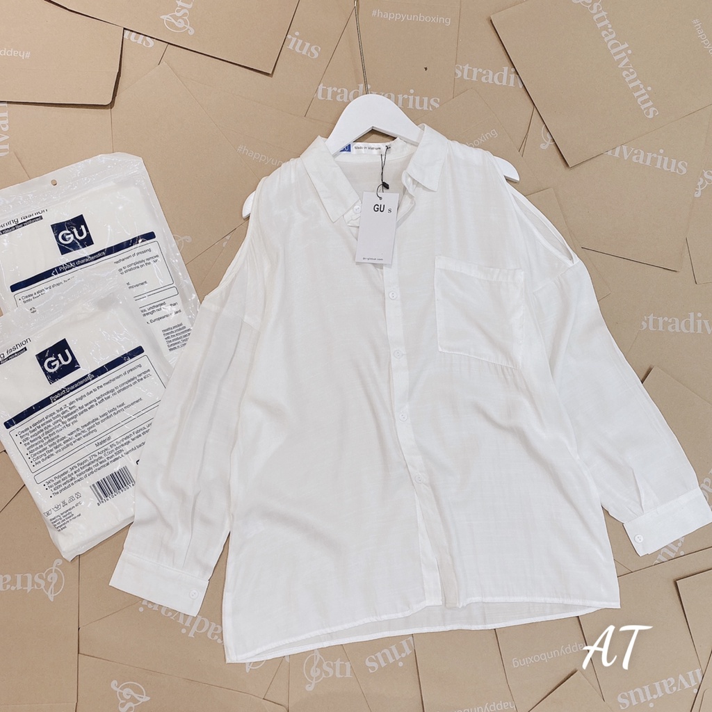 Áo sơ mi gu khoét vai màu trắng basic có túi zip sang chảnh