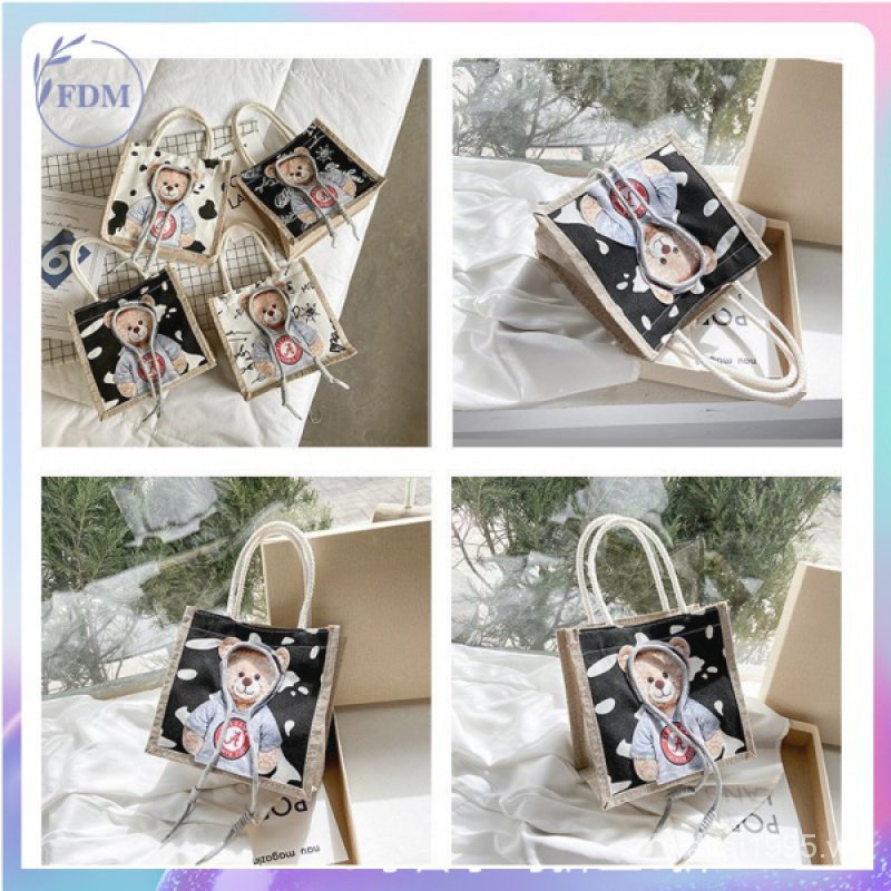 Túi xách tay bằng vải canvas in hình gấu dễ thương cho nữ