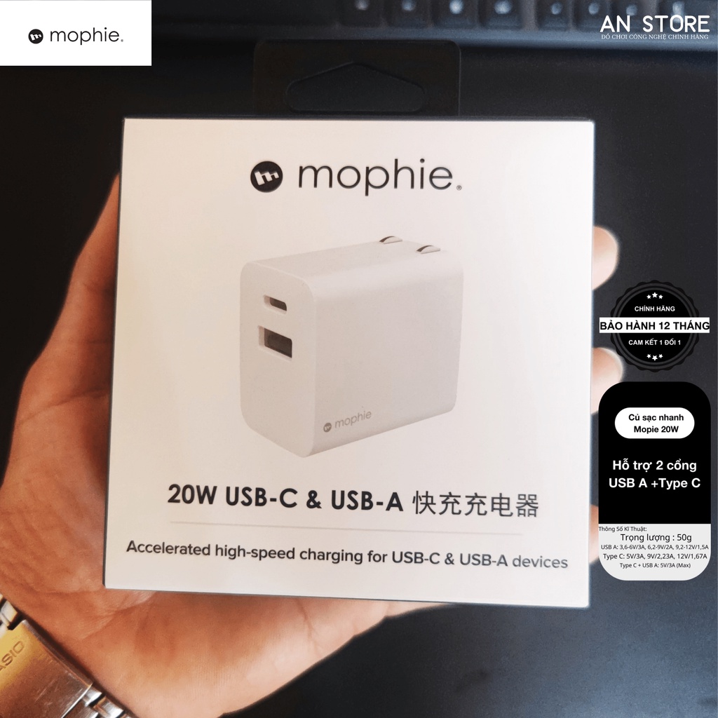 Củ Sạc Nhanh Mophie 20W ( 2 cổng USB-A + Type-C ) - Bảo Hành 12T