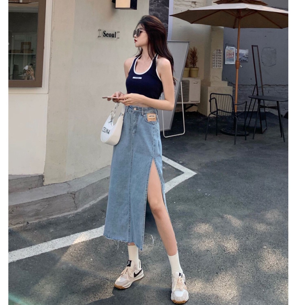 Chân váy jean chữ A lưng cao xẻ tà thời trang mùa hè dành cho nữ