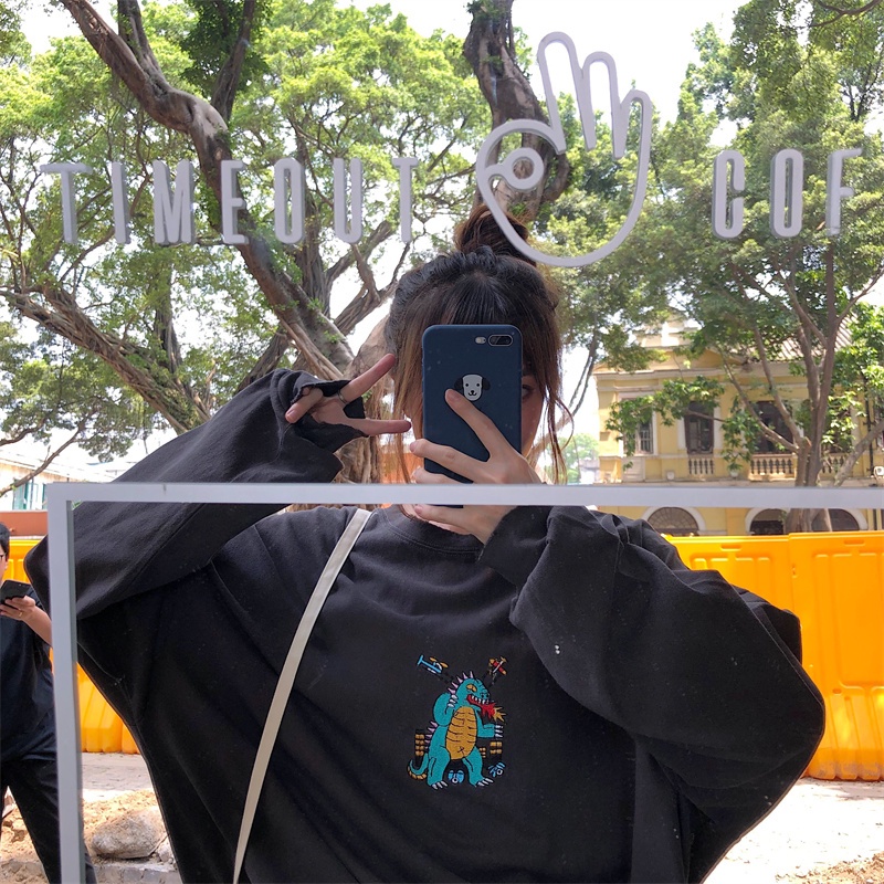 【ZHELIHANGFEI】Áo Thun Sweater Cổ Tròn Tay Dài Dáng Rộng In Họa Tiết Xinh Xắn