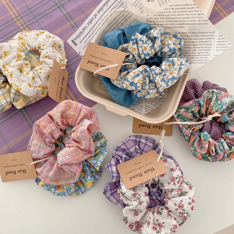 Dây buộc tóc tím caro Scrunchies phong cách hàn quốc cho nữ