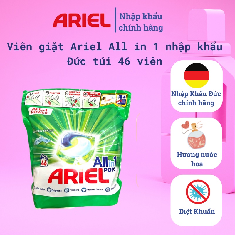 Viên giặt xả quần áo Ariel 3in1 giặt sạch,xả mềm và vệ sinh lồng giặt hàng nội địa Đức diệt khuẩn, hương thơm lâu.