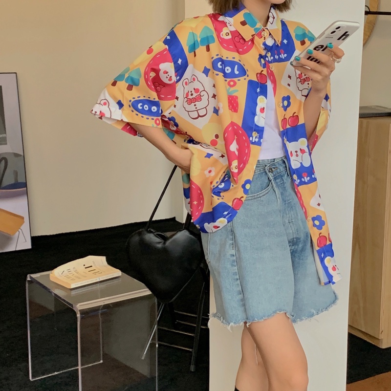 Áo Sơ Mi Tay Ngắn Dáng Rộng In Họa Tiết Dễ Thương Thời Trang Mùa Hè Cho Nữ