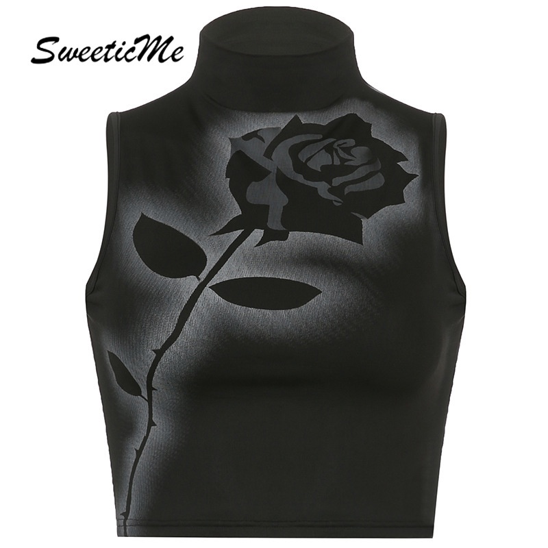 Áo Tank Top Cổ Lọ Họa Tiết Hoa Hồng Thời Trang Hàng Mới Dành Cho Nữ