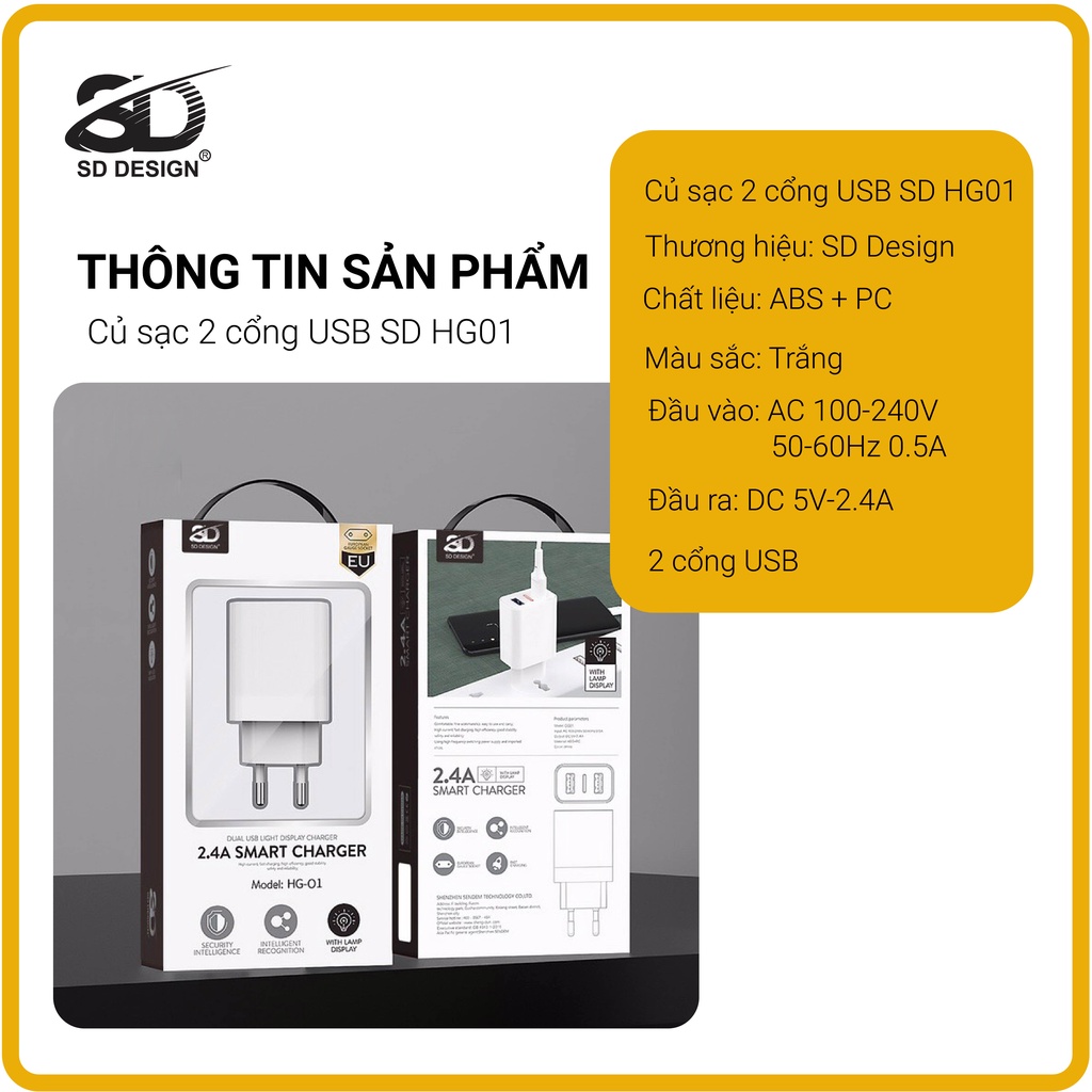 Củ sạc SD DESIGN HG01 chính hãng sử dụng cho các dòng Iphone, Samsung, Oppo,.. Bảo hành 1 đổi 1