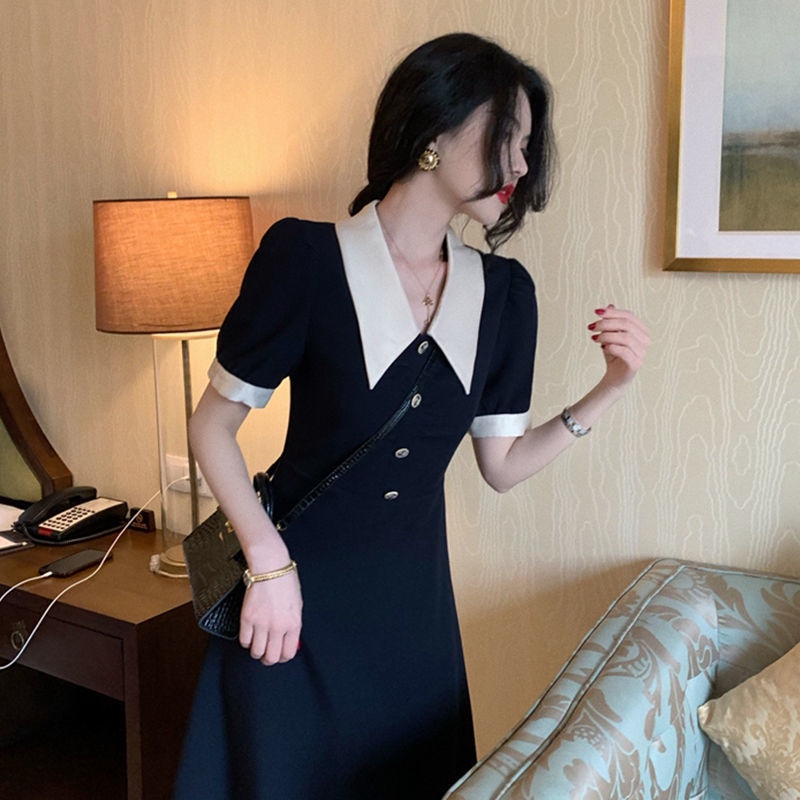 Đầm Dáng Dài Ôm Eo Cao Cổ Peter Pan Màu Sắc Retro Kiểu Pháp Thời Trang Mùa Hè Cho Nữ