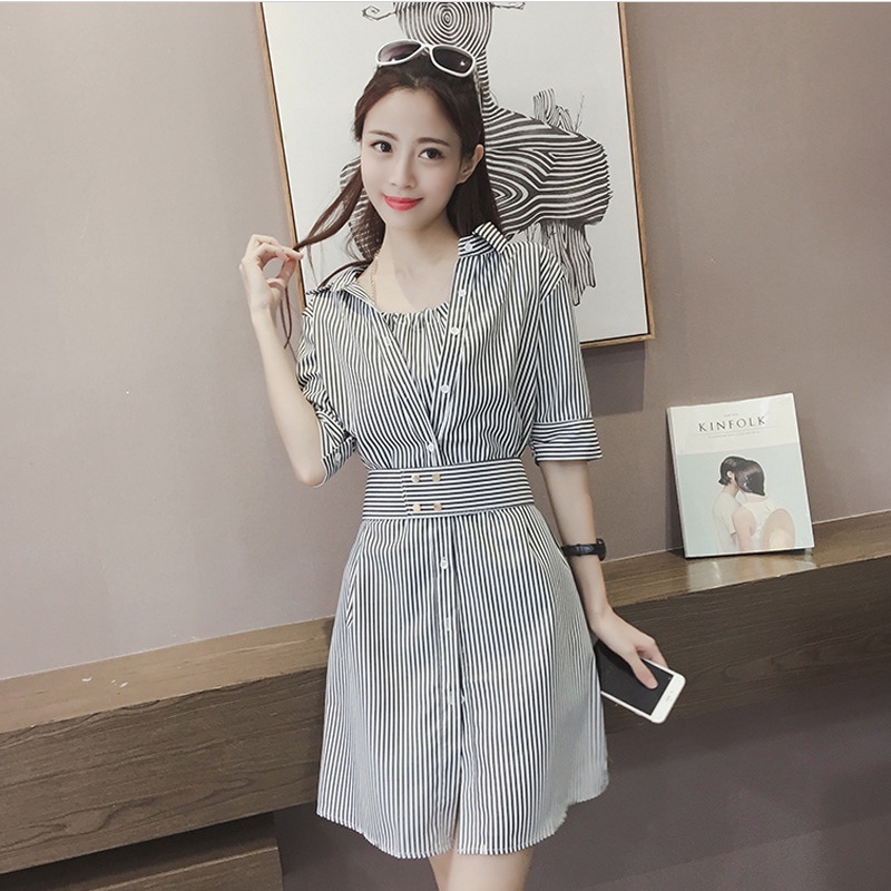Đầm Sơ Mi Giả Hai Mảnh Thắt Eo Họa Tiết Kẻ Sọc Tươi Mới Phong Cách Hàn Quốc Dành Cho Nữ 2022