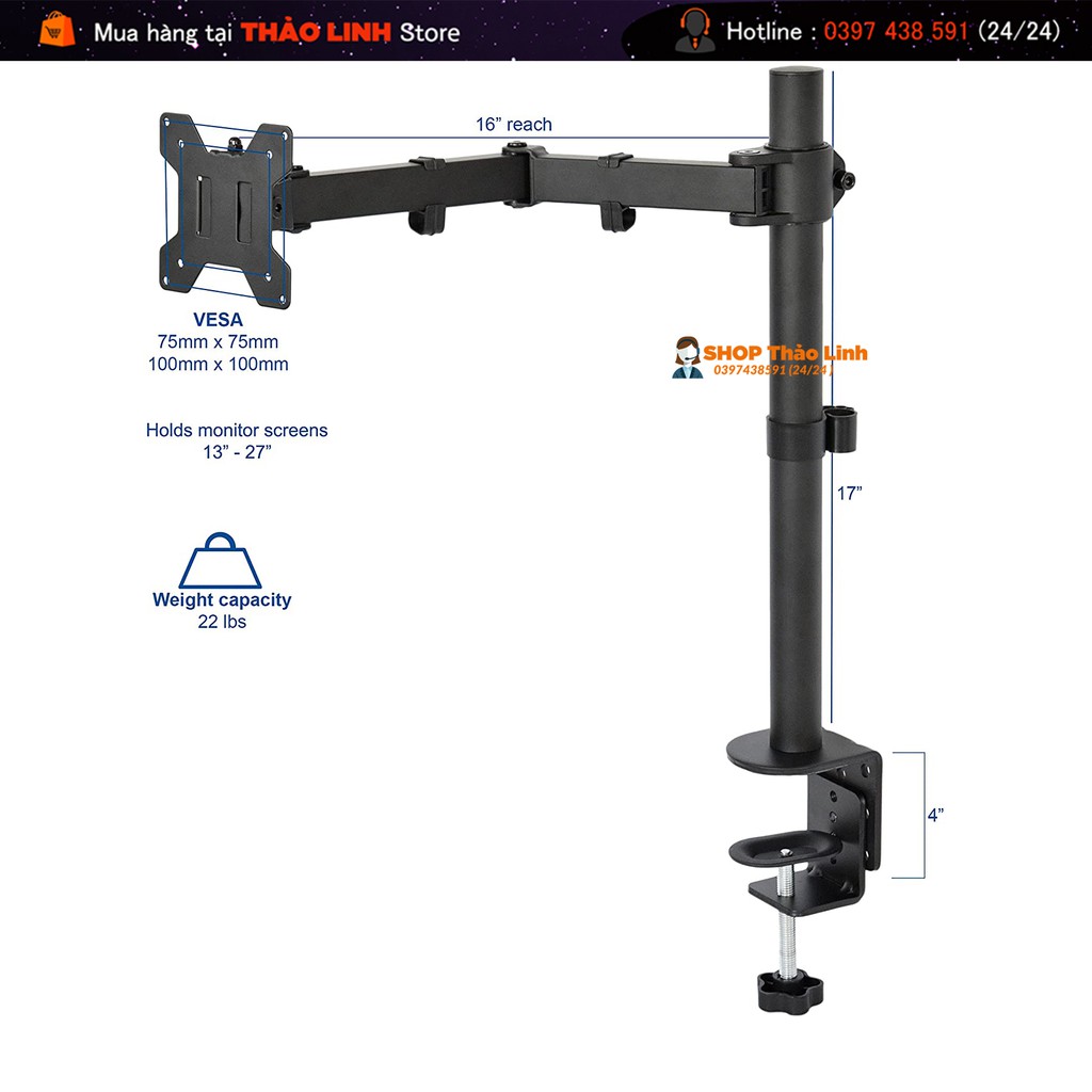 Giá Treo Màn Hình Tay 38 Cm Cao Cấp - Model : M051 17-32 inch - Xoay 360 Độ