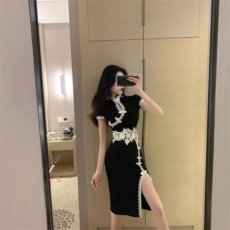 Sườn xám nữ phong cách trung quốc phối ren thêu tay ngắn ulzzang ( 3 màu )