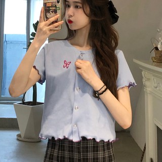 Áo croptop nữ tay ngắn chất đẹp, áo kiểu nữ thêu bướm cổ tròn 2022