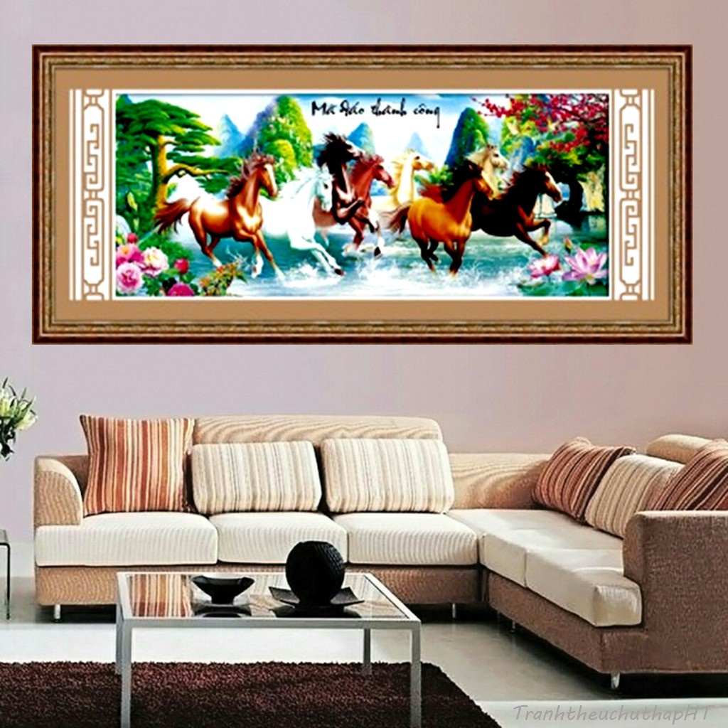 Tranh thêu chữ thập ngựa mã đáo thành công KT:134x58cm,tranh chưa thêu,tặng kéo và xỏ chỉ,