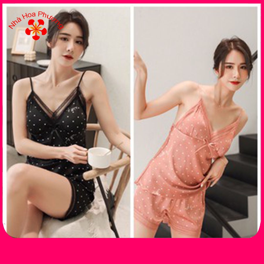 Bộ Đồ Ngủ Áo Hai Dây Chấm Bi Ren Vải Lụa Satin Gợi Cảm Cho Nữ