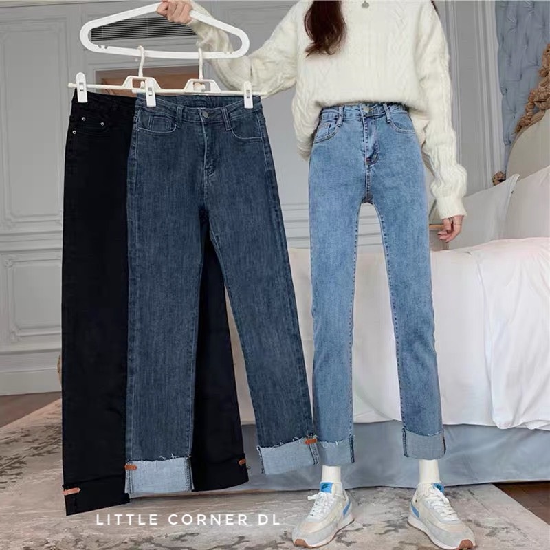 Quần jean nữ ống đứng lật lai- Quần bò ống đứng co dãn Hot trend quảng châu lưng cao hàng sẵn