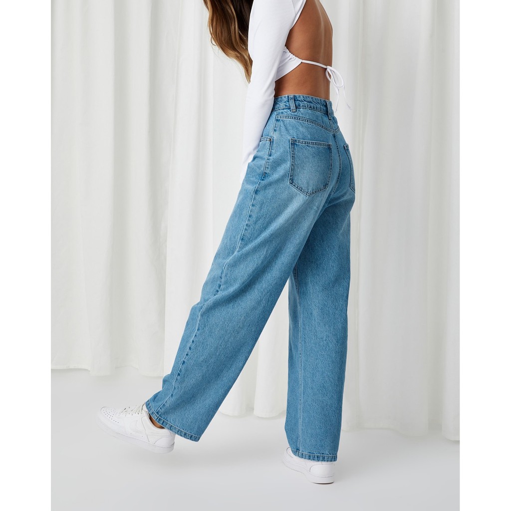 Quần Jeans Nữ Lưng Cao Ống Suông Rộng Màu Xanh Wash Đùi L-02B