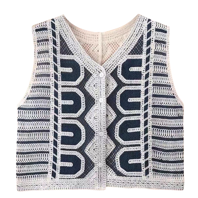 Xiangbao Áo Ghi Lê Không Tay Dệt Kim Khoét Rỗng Cài Nút Họa Tiết Hình Học Vintage Mùa Hè Cho