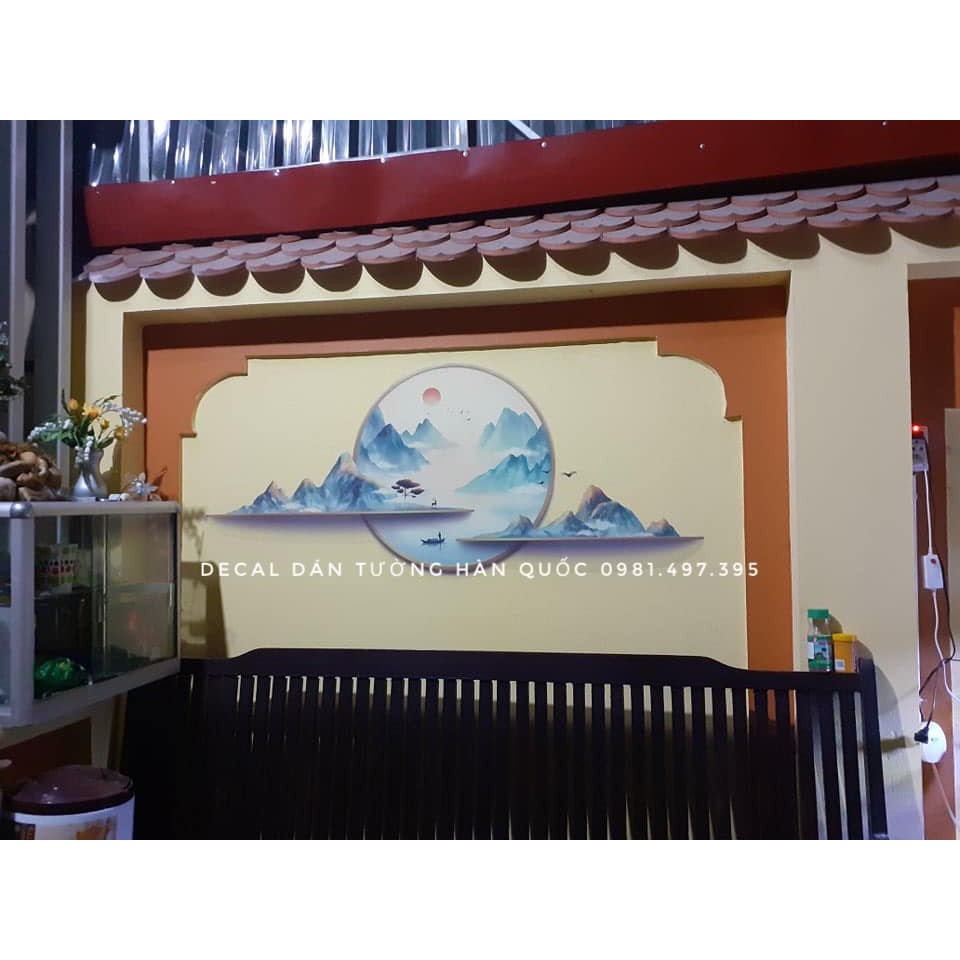 Decal dán tường  phong cách trung hoa cổ, sơn thủy, trang trí phòng ngủ, phòng khách