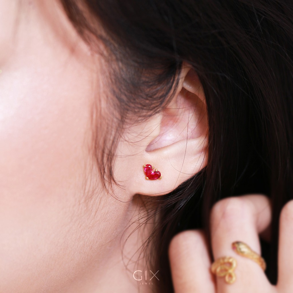 Bông tai bạc cao cấp mạ vàng trái tim ghép 2 viên đá Cz đỏ Gix Jewel SPGBT06