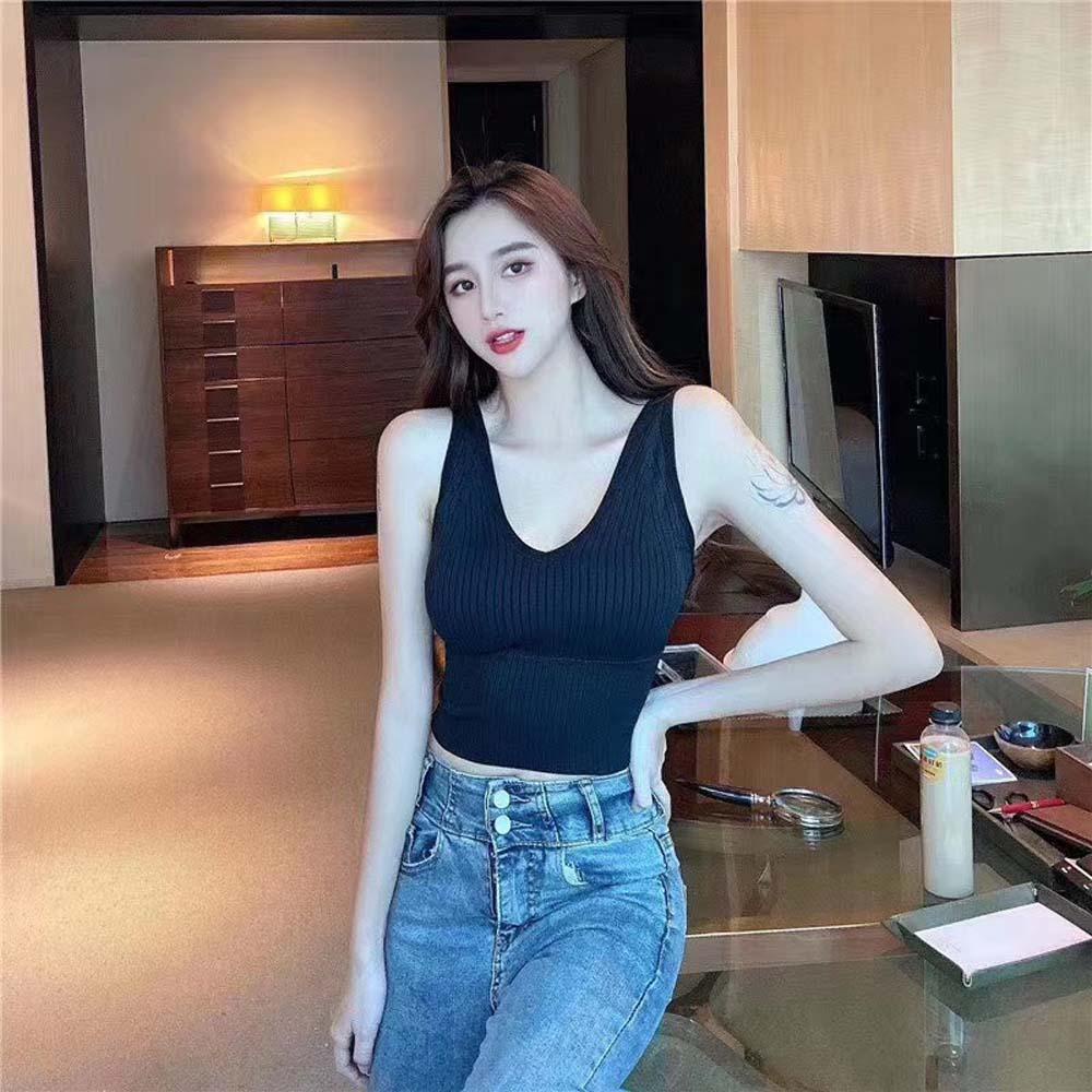 Áo Ngực Thể Thao Dệt Kim Cổ Chữ V Có Mút Đệm Thoáng Khí Thời Trang Cho Nữ