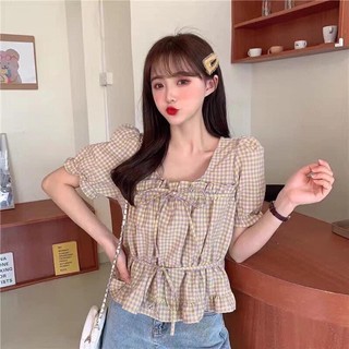 ⚡Bão Sale⚡VP01 Áo babydoll kẻ tay bèo 2 dây nơ - quảng châu tiểu thư