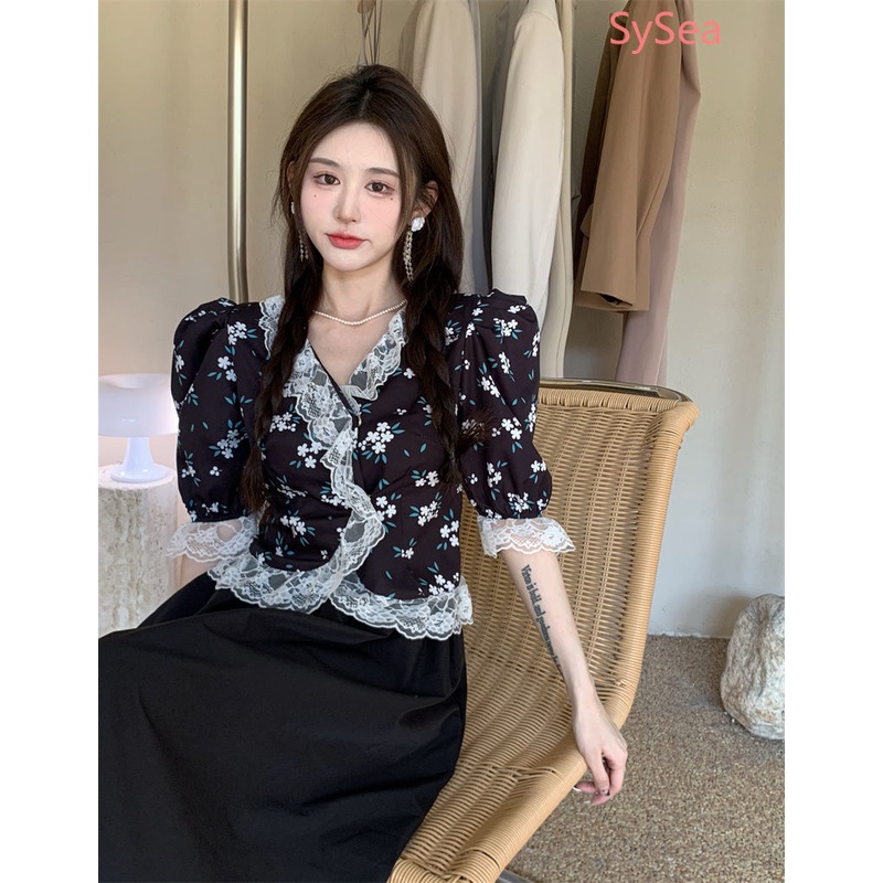 Áo Sơ Mi Phối Ren Hoa Thời Trang Mùa Hè Vintage Cho Nữ