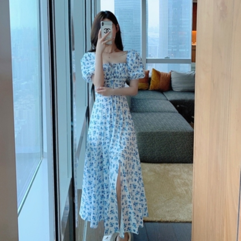 Đầm PERTY trễ vai tay phồng họa tiết hoa phong cách Pháp thời trang mùa hè cho nữ