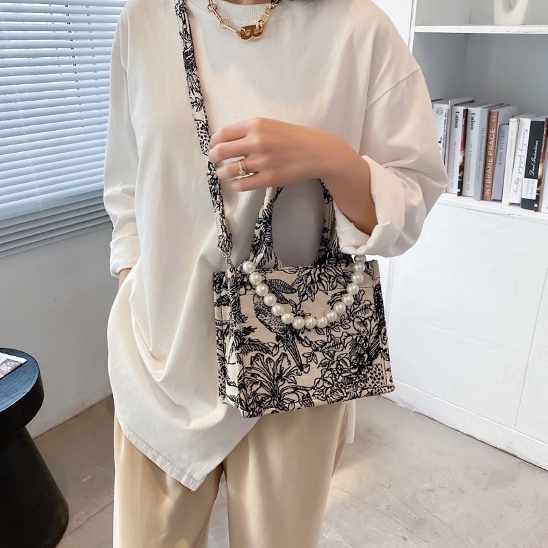 Túi Xách Tote Vải Cotton Lanh Cỡ Lớn Thêu Họa Tiết Đính Ngọc Trai Thời Trang Mới